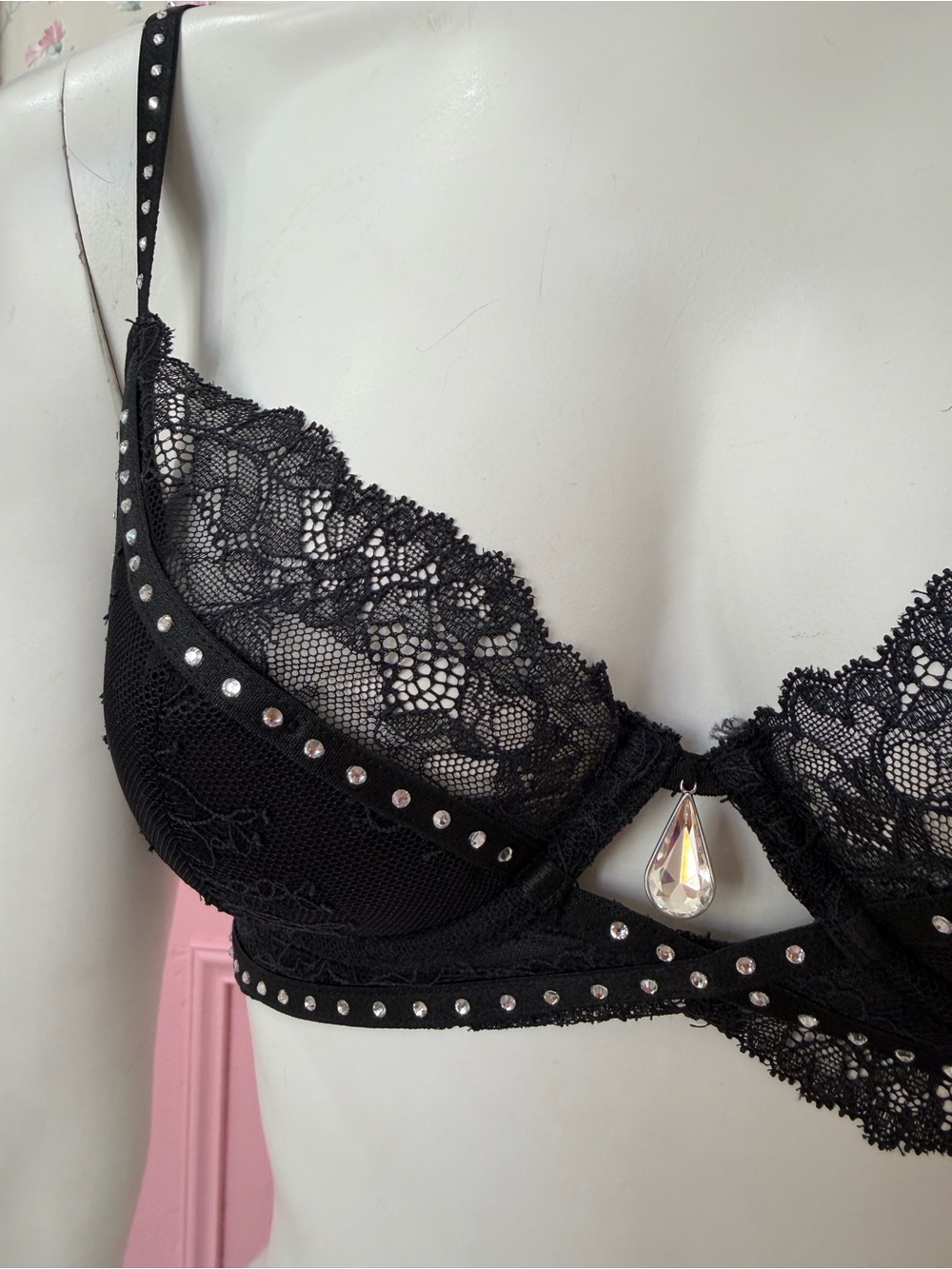 Black Lace Underwire Bra with Rhinestone Trim and Teardrop Crystal